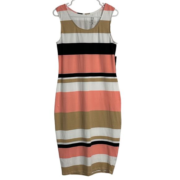 NY&C Dress Womens Large Pink Black White Striped Sheath BodyCon Knit Stretch - Picture 1 of 9